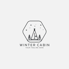 A hexagon logo containing a cabin with trees and snow.
