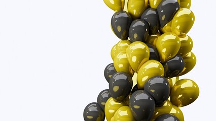 Bunch of black and gold balloons on white background, space for text. Banner design