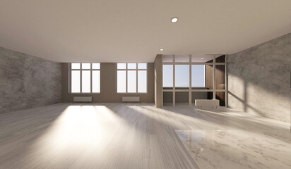 Empty Studio Flat 3D Interior with Large Windows