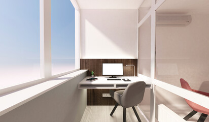 Fototapeta na wymiar Place of Work 3d Interior with Group of Office Equipment and Accessories on the desk