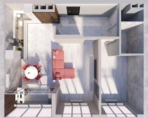 Modern Flat Interior Studio with Kitchen in light tones. Top View