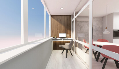 Place of Work 3d Interior with Group of Office Equipment and Accessories on the desk