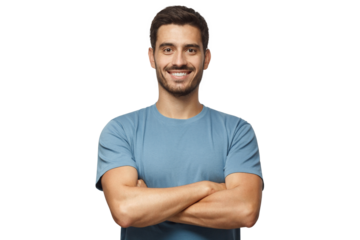 Smiling handsome man in blue t-shirt standing with crossed arms isolated