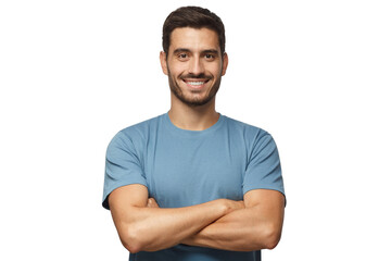 Portrait of smiling handsome man in blue t-shirt standing with crossed arms isolated - obrazy, fototapety, plakaty