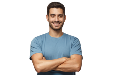 Portrait of smiling handsome man in blue t-shirt standing with crossed arms isolated