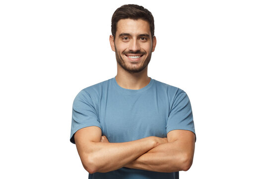 Portrait of smiling handsome man in blue t-shirt standing with crossed arms isolated