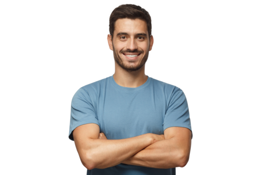 Portrait of smiling handsome man in blue t-shirt standing with crossed arms isolated
