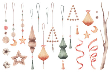 Watercolor set of Christmas tree toys isolated.