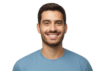 Close up portrait of smiling handsome man in blue t-shirt isolated