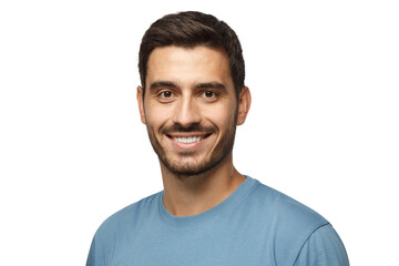 Headshot of young handsome european caucasian man wearing casual blue t-shirt, smiling happily