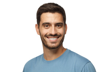 Fototapeta premium Smiling attractive man in blue t-shirt isolated