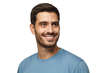 Close up portrait of smiling handsome male in blue t-shirt looking right