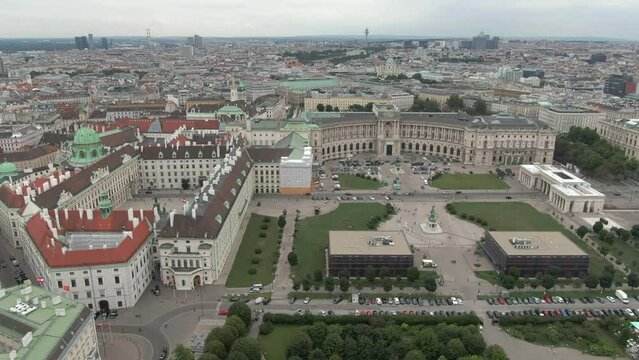 Aerial shot of the Hofburg, the historic imperial palace in Vienna, Austria. Heldenplatz square
