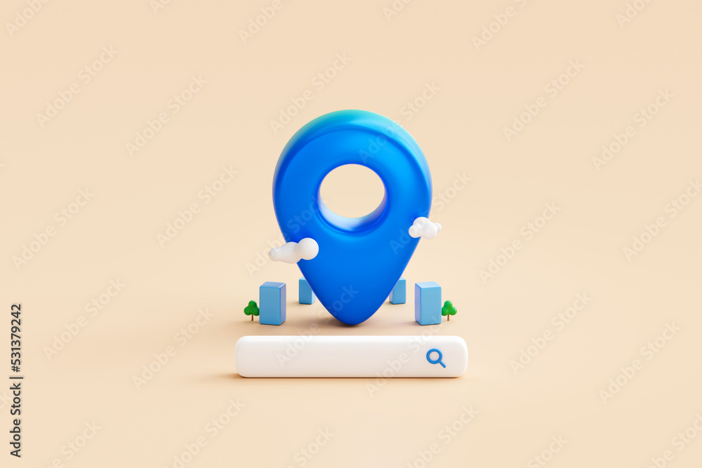 Poster search location pin on blue navigation 3d map background with gps address navigator direction mark s