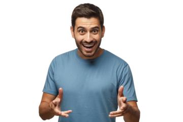 Come on! Let's do it! Young man in blue t-shirt shouting, looking at camera with wide opened mouth