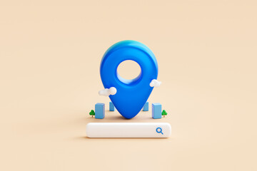 Search location pin on blue navigation 3d map background with gps address navigator direction mark symbol or modern marker city point position sign and find travel destination online business contact.