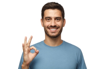 Young smiling man having happy look, gesturing, showing OK sign or showing okay gesture with his fingers