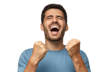 Young man shouting with closed eyes, celebrating victory, squeezing fists in deep emotional expression of happiness and luck