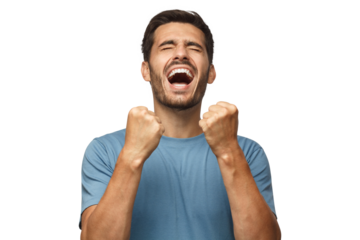 Young man screaming loud with closed eyes, holding hands in gesture of winner