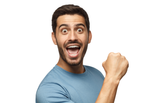 Passionate soccer fan. Young man in casual blue t-shirt screaming while his team win, raised fist in victory gesture
