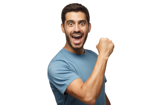 Goal! Emotional male celebrating victory and acting as if he is winner, raising fist in deep emotional expression of happiness