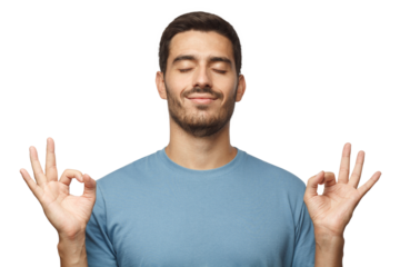 Happy smiling man standing with closed eyes, having relaxation while meditating. Yoga and meditation. .