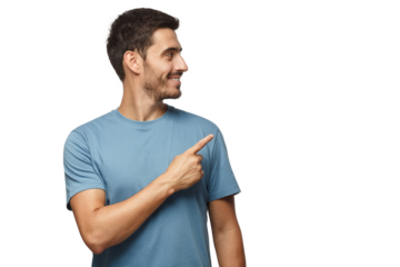 Casual dressed young man in blue t-shirt looking right, pointing with his finger