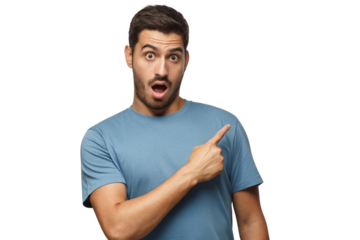 Young caucasian man dressed in blue t-shirt, looking at camera with mouth and eyes open with surprise, pointing right