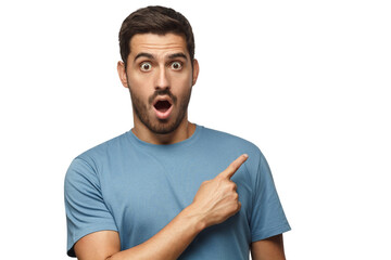 Young surprised man in blue t-shirt looking at camera with open mouth, pointing right - obrazy, fototapety, plakaty