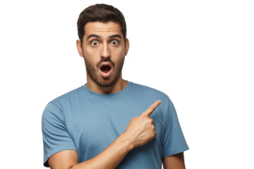 Young surprised man in blue t-shirt looking at camera with open mouth, pointing right