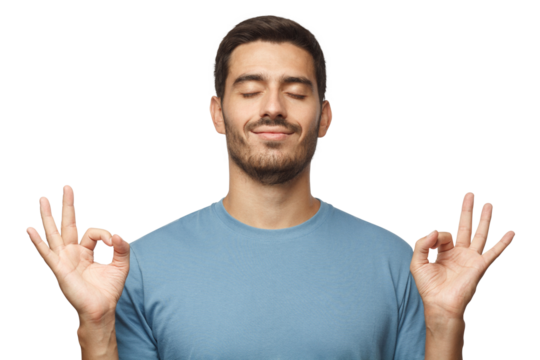 Happy smiling man standing with closed eyes, having relaxation while meditating. Yoga and meditation. .