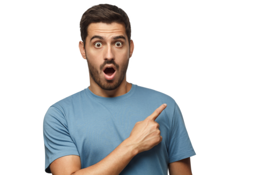Young surprised man in blue t-shirt looking at camera with open mouth, pointing right