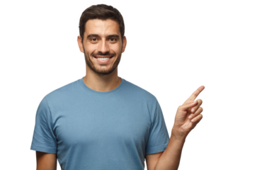 Handsome smiling male in blue t-shirt pointing right with finger