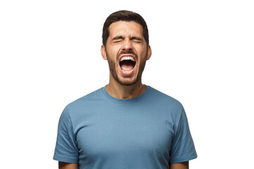 Angry man, rage concept. Closeup portrait of screaming with closed eyes crazy young male
