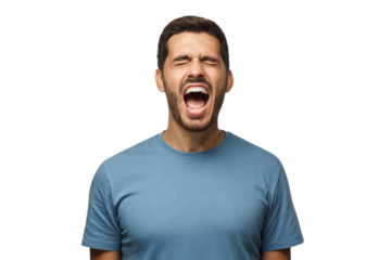 Angry man, rage concept. Closeup portrait of screaming with closed eyes crazy young male