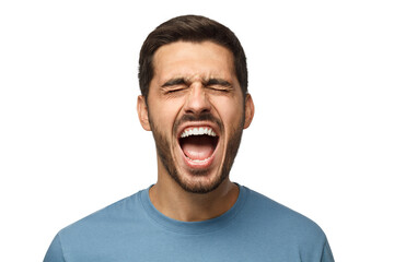 Closeup portrait of screaming with closed eyes crazy young man