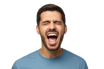Closeup portrait of screaming with closed eyes crazy young man