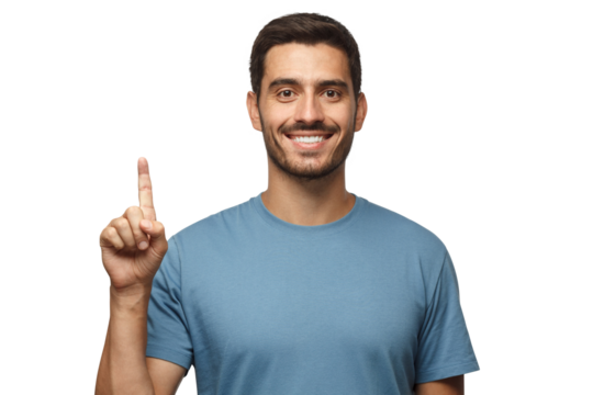 Attractive young man in blue t-shirt pointing up with his finger isolated