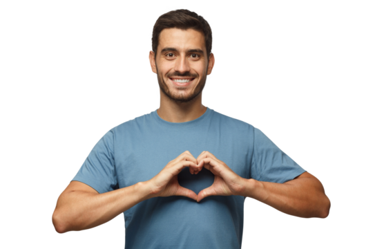Young smiling handsome smiling male in blue t-shirt showing heart sign
