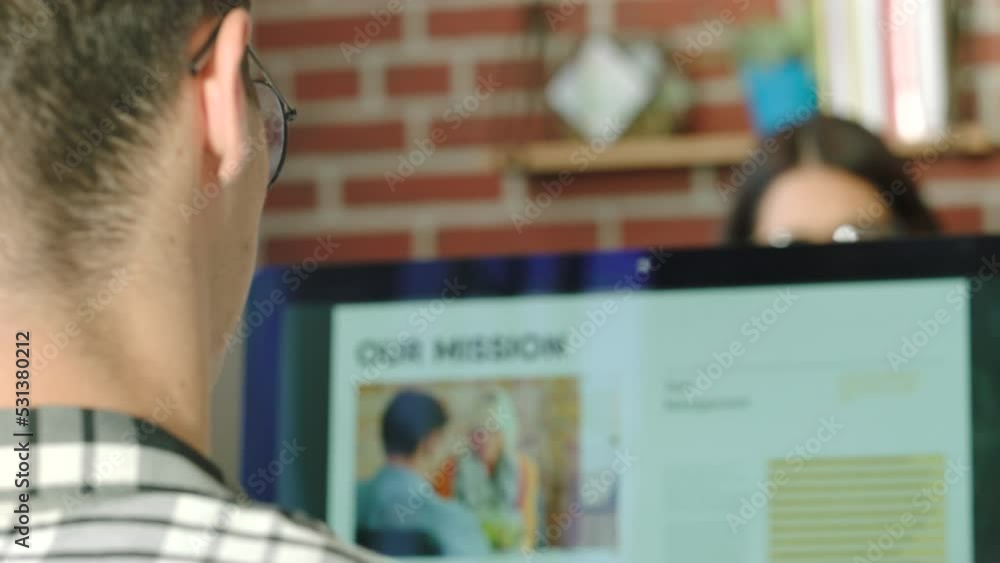 Poster ppt, digital report and businessman with computer working on graphic design brochure project, compan