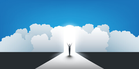 New Possibilities, Hope, Dreams - Business, Solutions Finding or Reaching for Heaven Concept - Man Standing in Front of a Door Under a Cloudy Sky, Bright Light at the End of the Road