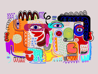 Abstract face portrait hand drawn, line art, colorful, various shapes and doodles vector illustration.