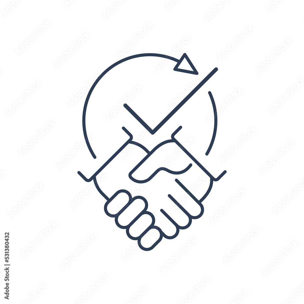 Poster handshake and check mark. an example of successful cooperation. vector linear icon isolated on white