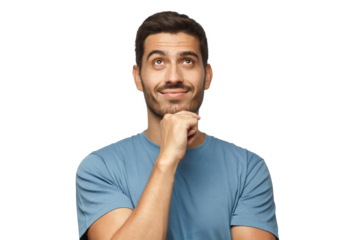 Young man in blue t-shirt with dreamy cheerful expression, thinking, looking up