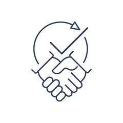 Handshake and check mark. An example of successful cooperation. Vector linear icon isolated on white background.