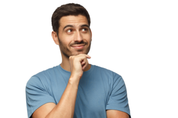 Portrait of young man in blue t-shirt with dreamy cheerful expression, thinking, isolated