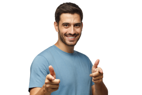 Hey you! Young man in blue t-shirt pointing to camera with fingers isolated