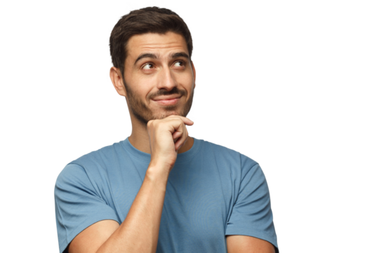 Portrait of young man in blue t-shirt with dreamy cheerful expression, thinking, isolated