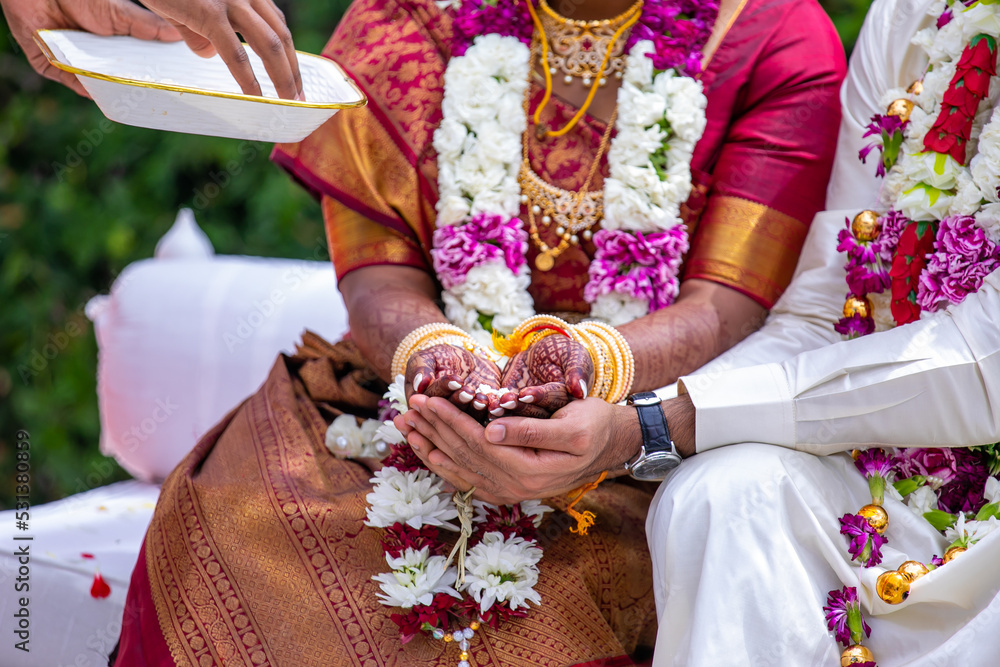 Canvas Prints South Indian Tamil couple's wedding ceremony ritual items and hands close up - Canvas Prints