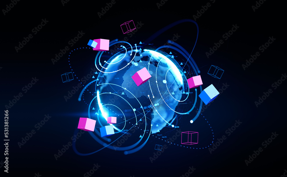 Poster earth sphere and digital world with blockchain, global connection